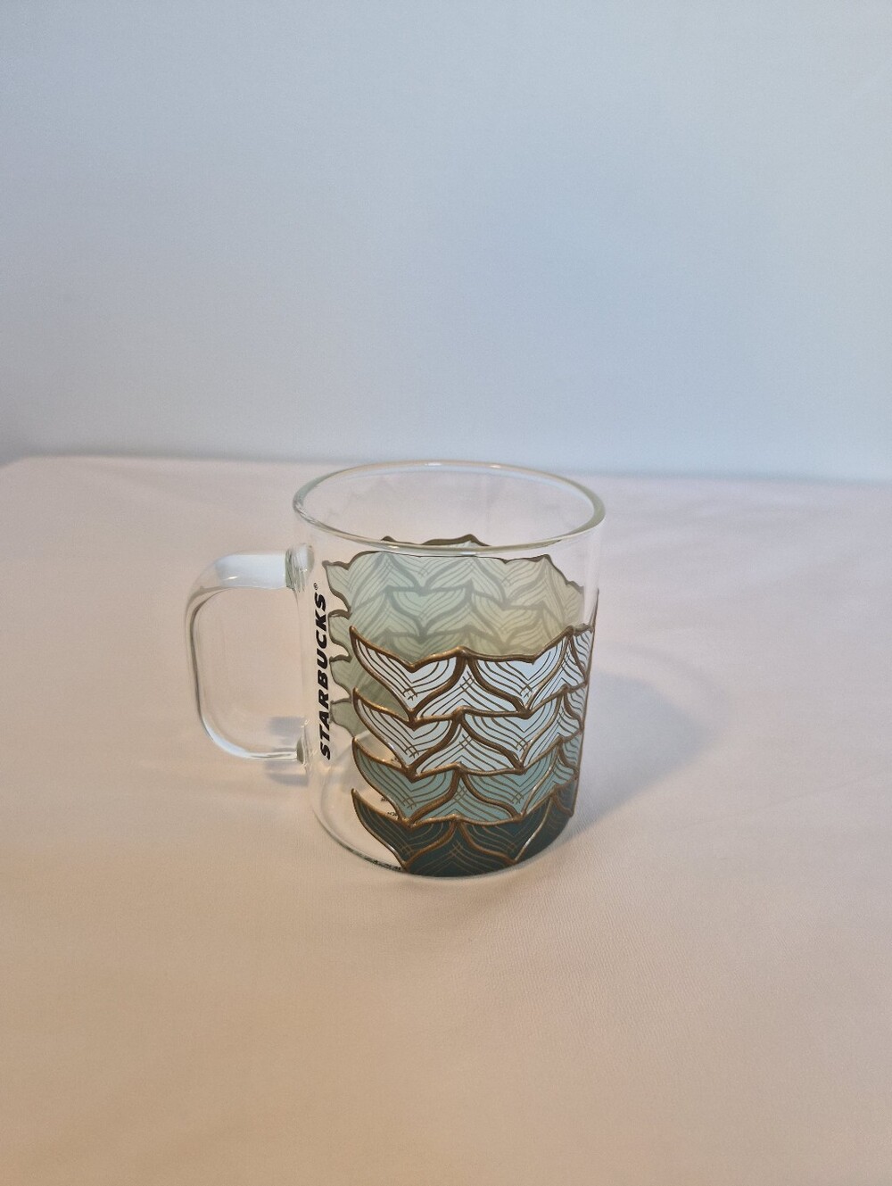 Starbucks Clear Glass Mug with Teal and Gold Chevron Waves